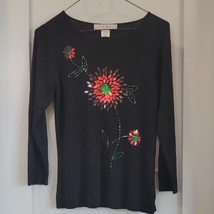 Luca Burns Black Floral Embellished Long Sleeve Top
